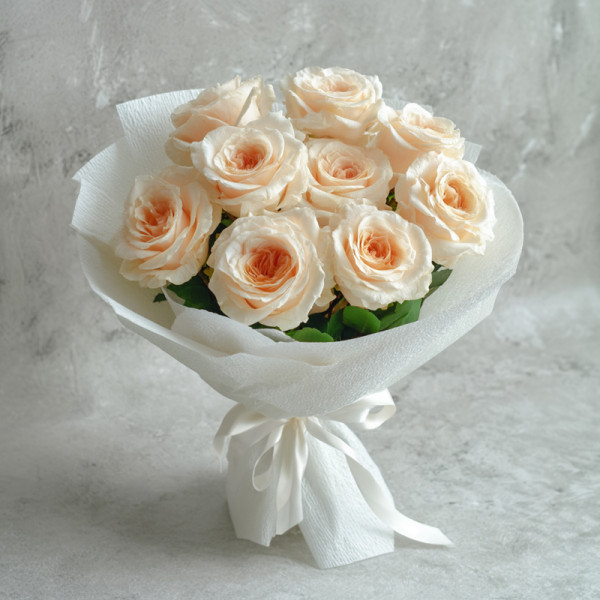 Whispers at Dawn – A Champagne Rose Serenade Wrapped in White and Soft Devotion